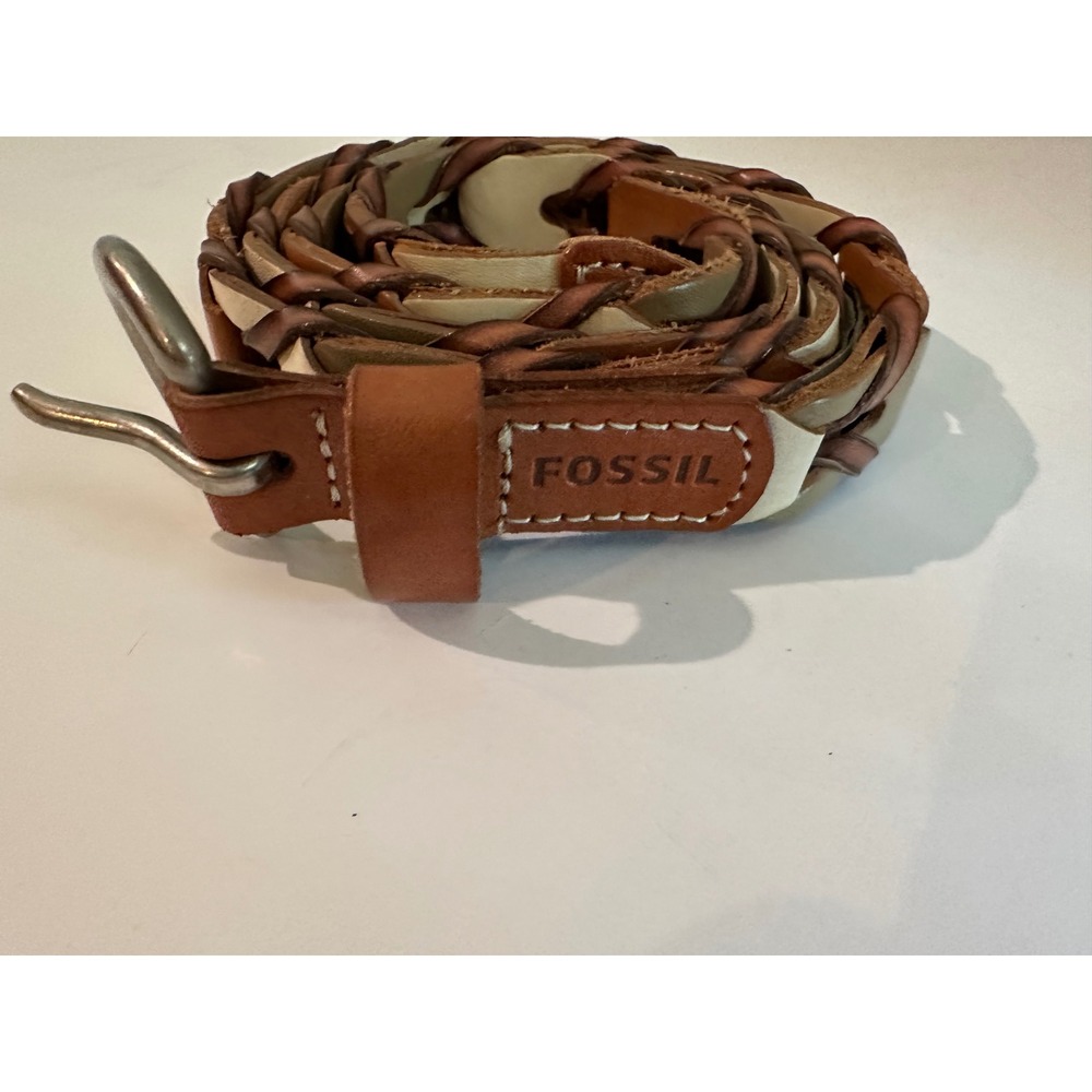 Fossil Womens Braided Leather Belt Multi-Tone Brown Tan Cream Size M BT3943702